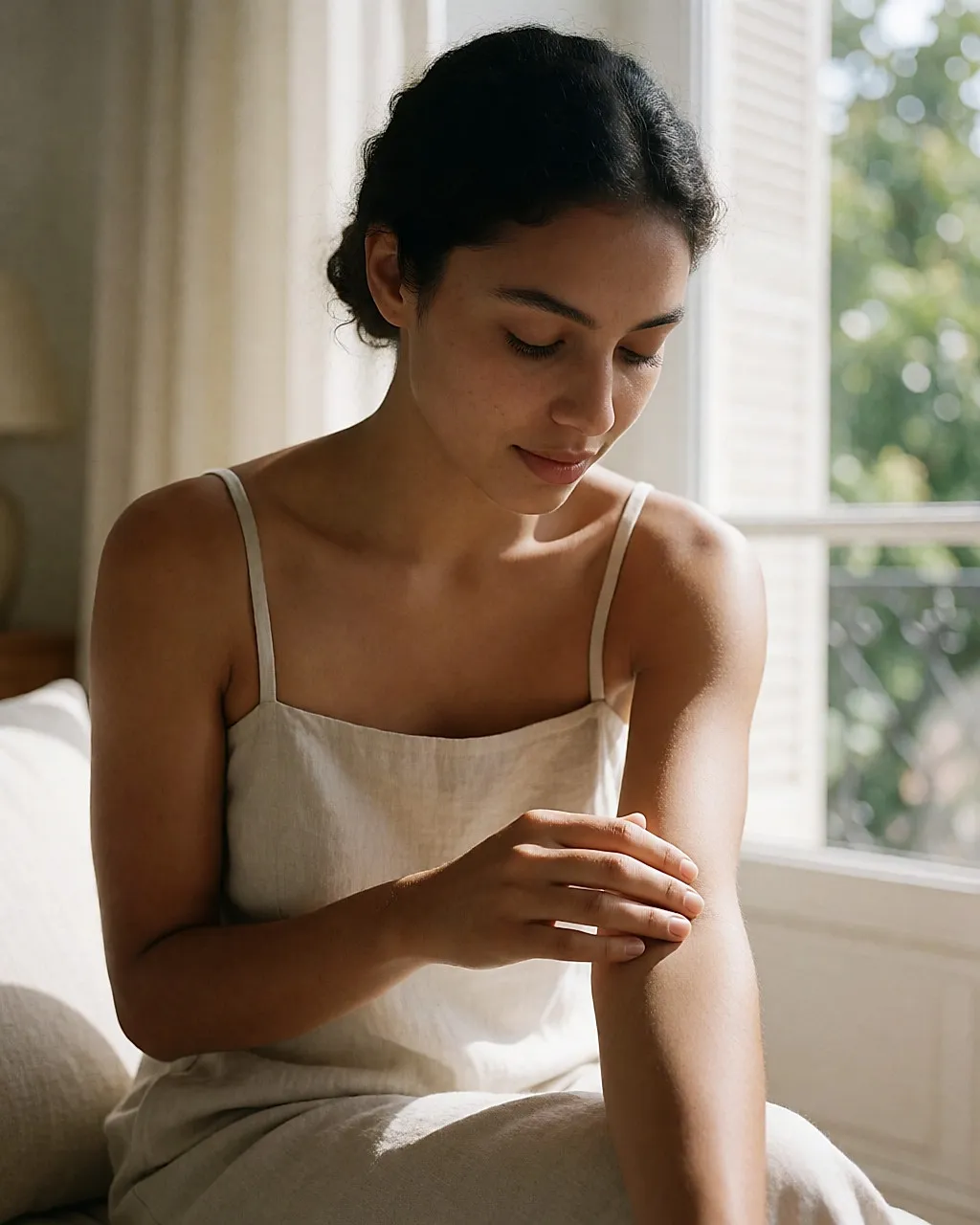 Mujer joven latina examinando su antebrazo a la luz del día, piel natural