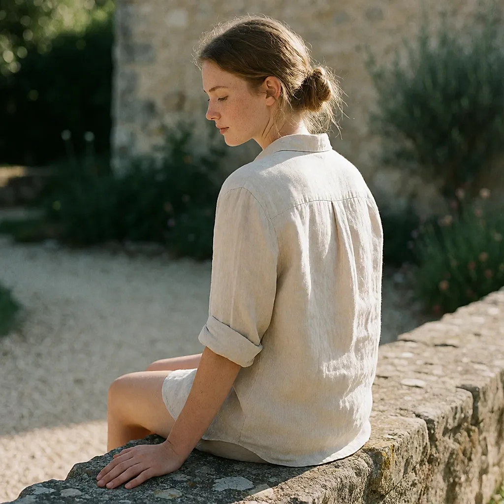 Jeune femme de dos au soleil couchant, chemise en lin et taches de rousseur