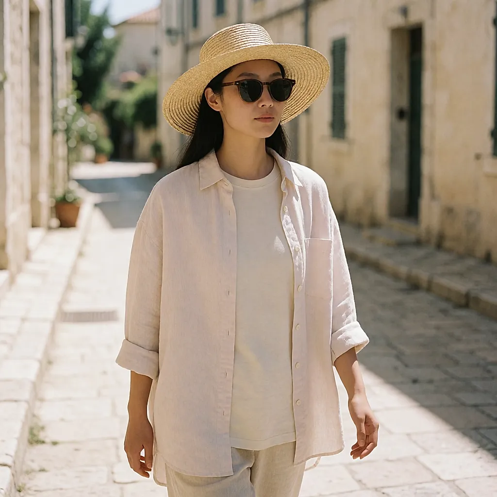 Jeune femme en chapeau de paille, lunettes de catégorie 3 et chemise en lin