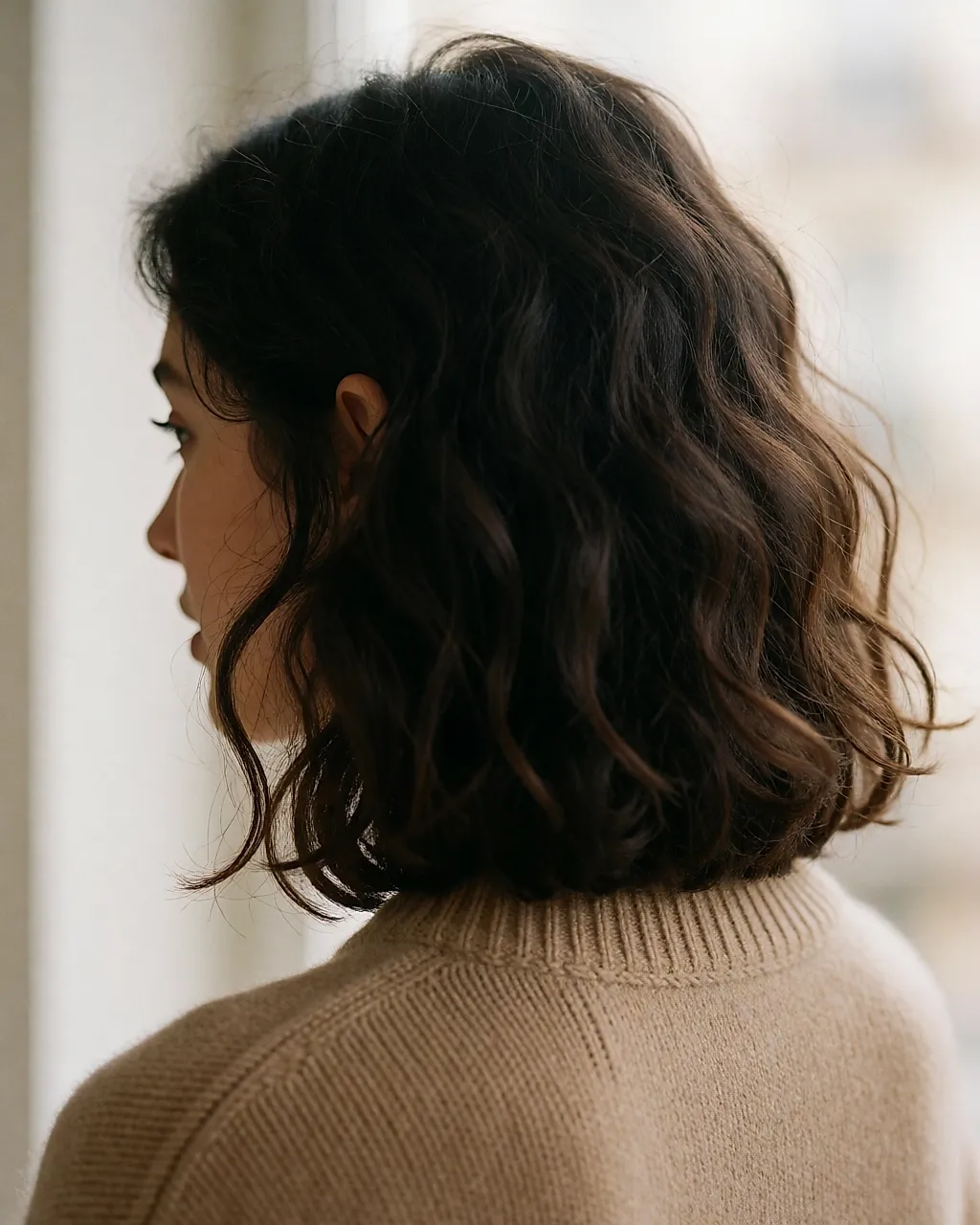 Thick, wavy dark hair seen from behind, above a beige knit collar