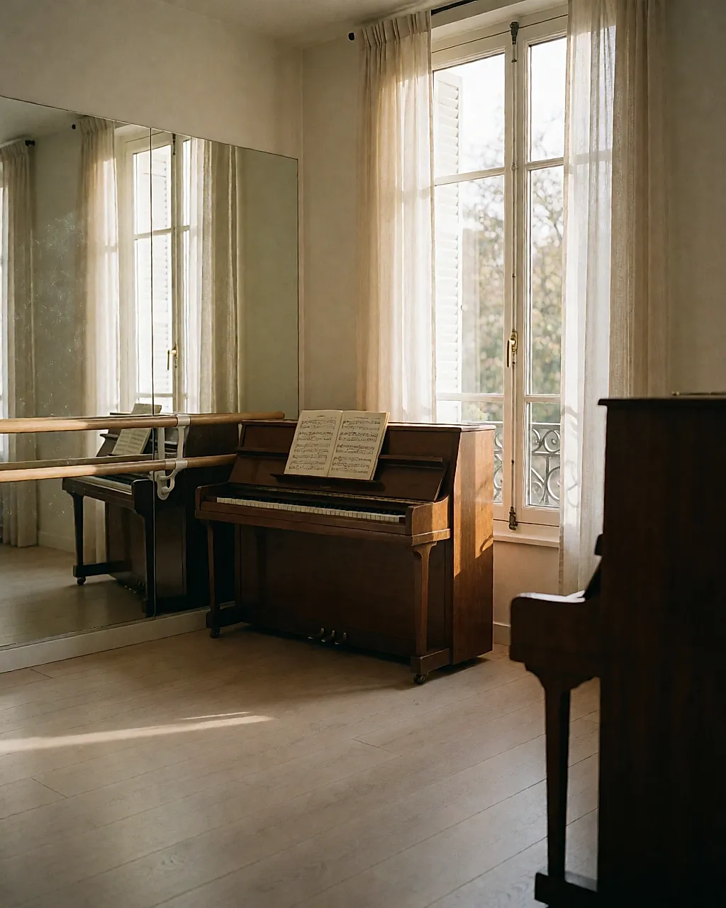 Sala de ensayo con piano, partitura abierta y barra de danza