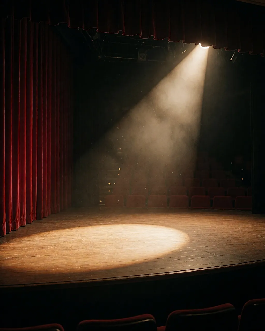 Theatre stage seen from the wings, lit by a single spotlight