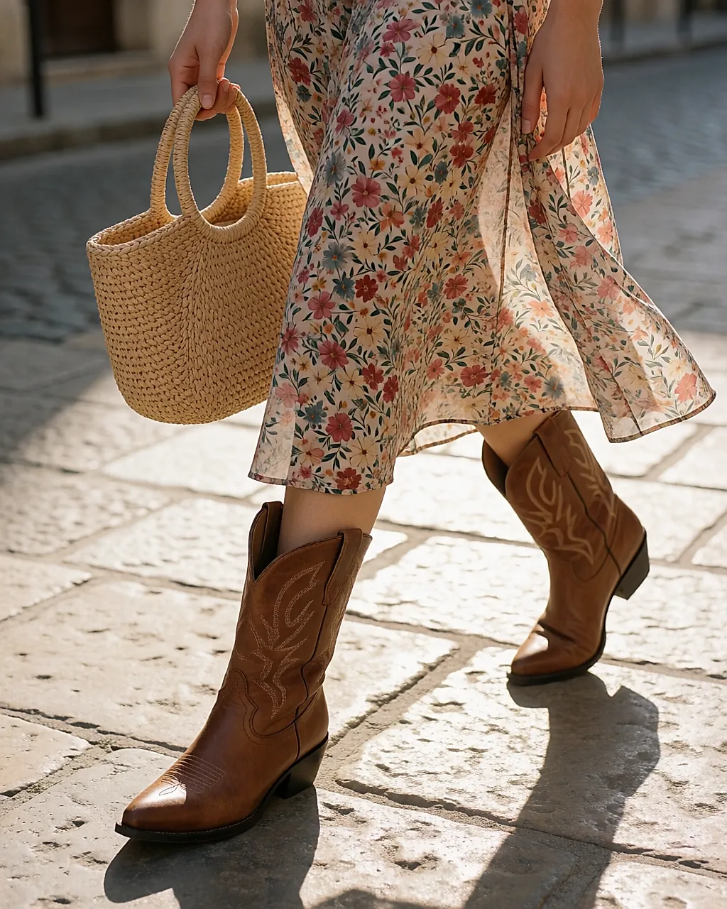 Patinated leather western boots worn on a sunlit cobbled street