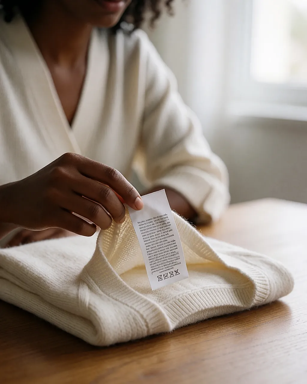 A hand turning over the care label of a knit piece resting on a table