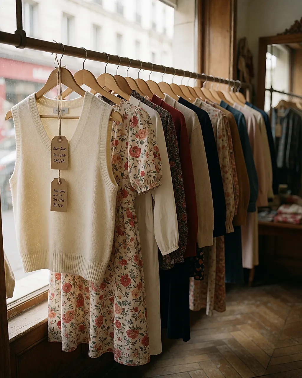 A charity-shop clothes rail with wooden hangers and small kraft tags
