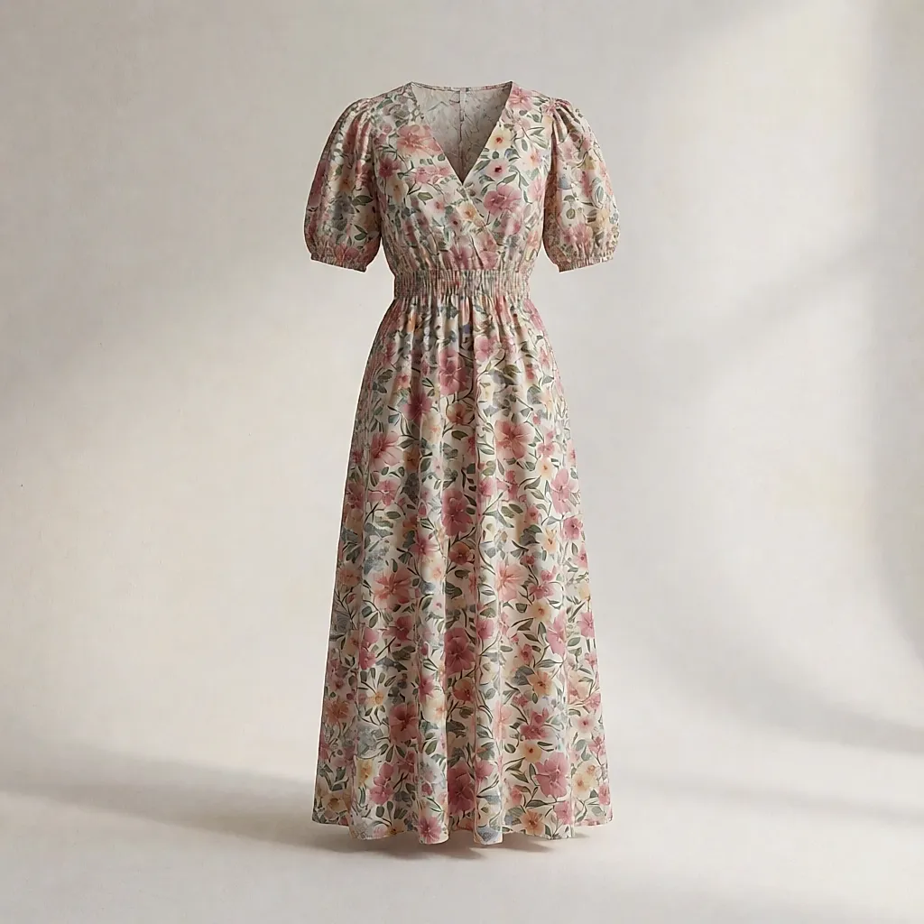 Product-style image inspired by a long, floaty floral-print dress