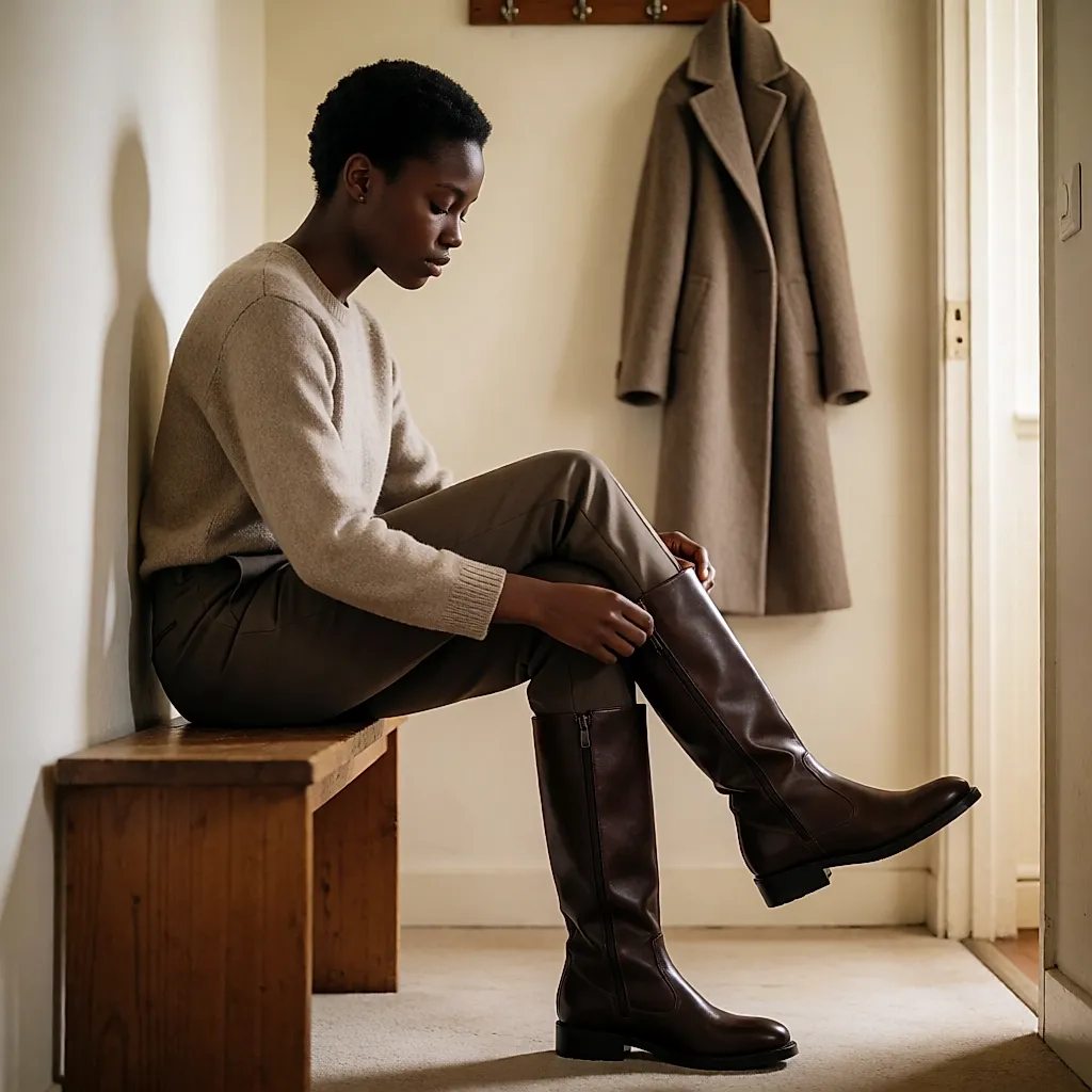 Bottes en cuir portées sous un pantalon de tailleur, vues de trois-quarts