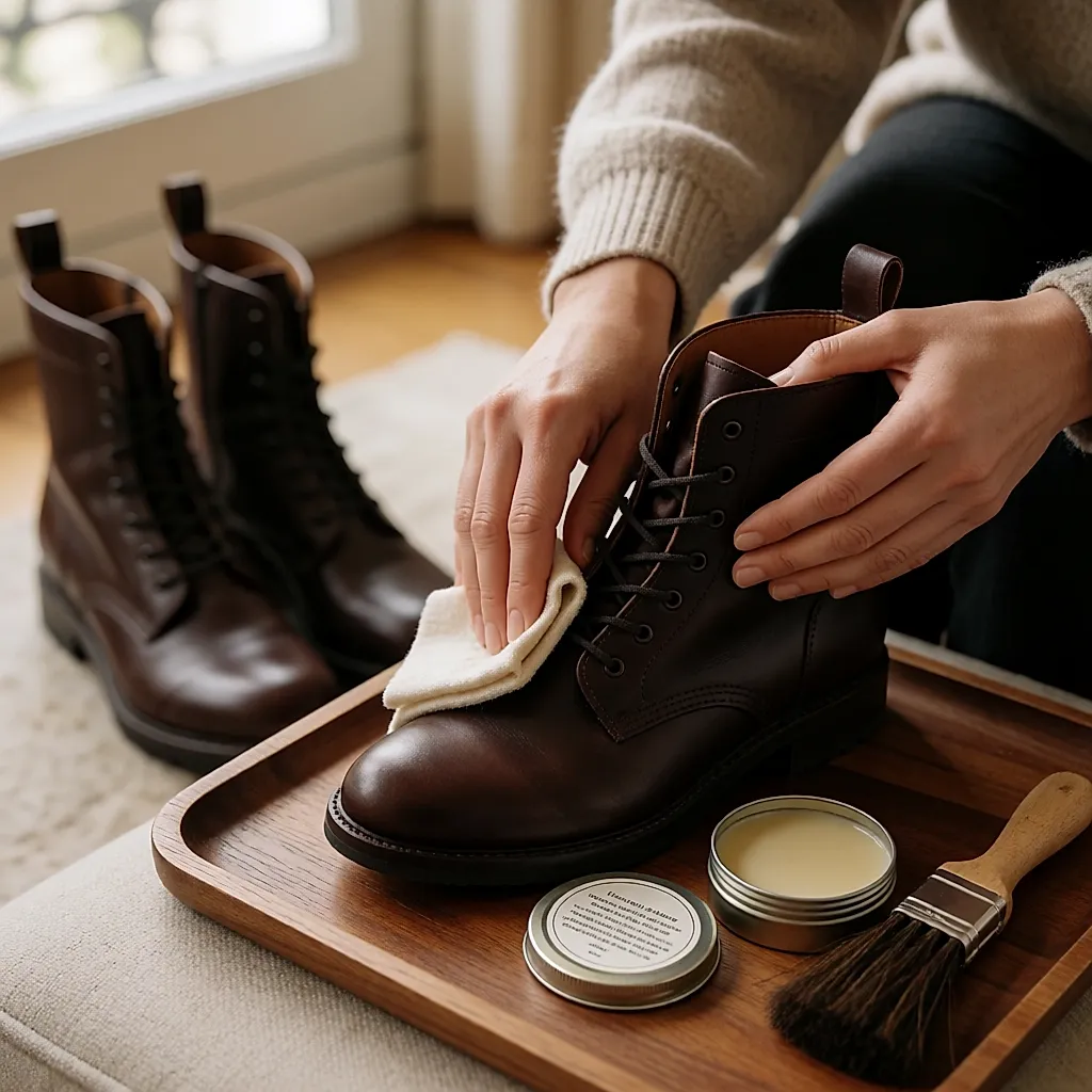 Mains cirant une botte en cuir avec un chiffon, pot de cire ouvert à côté