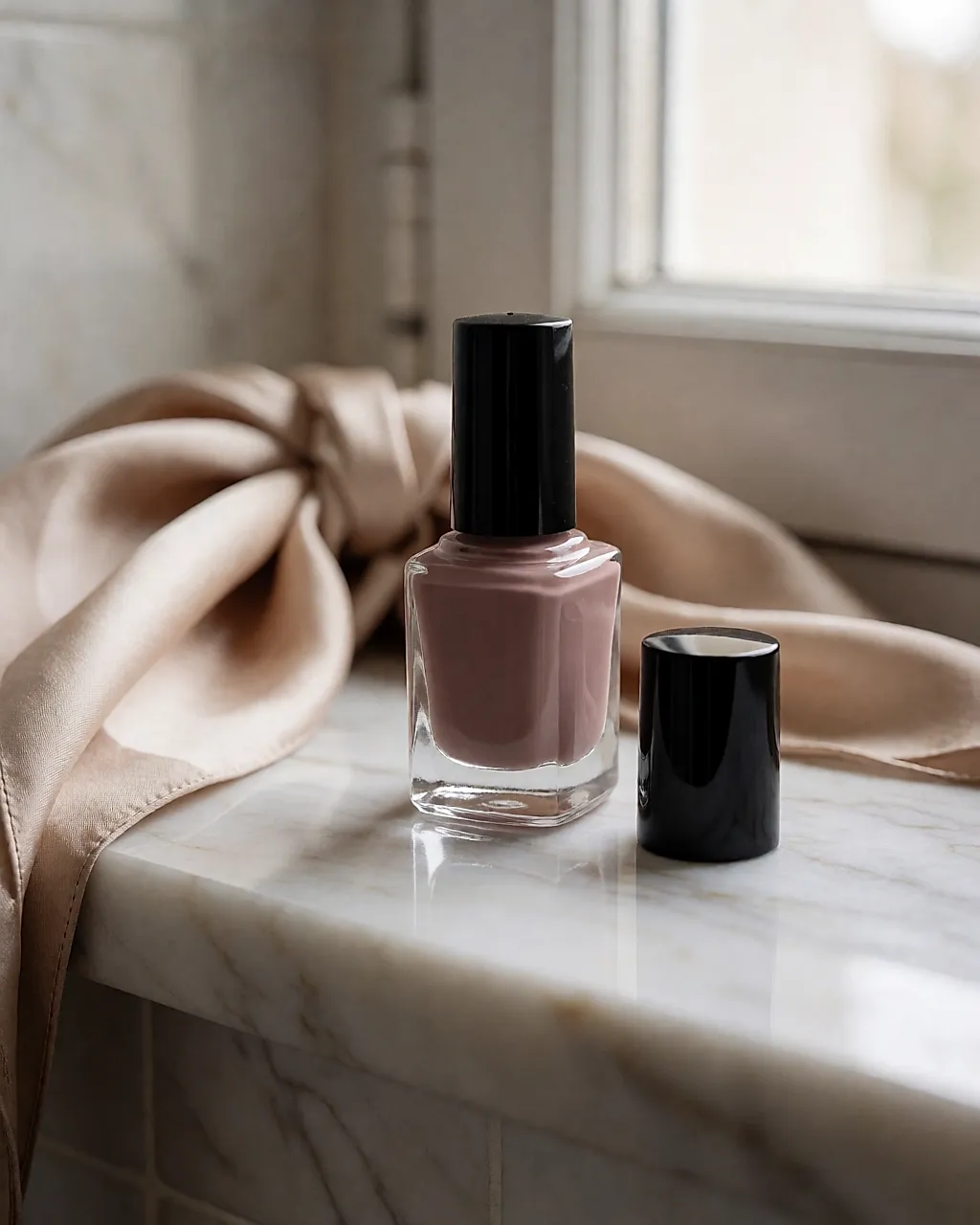 Un frasco de esmalte taupe rosado sobre una balda de mármol, el tapón negro al lado
