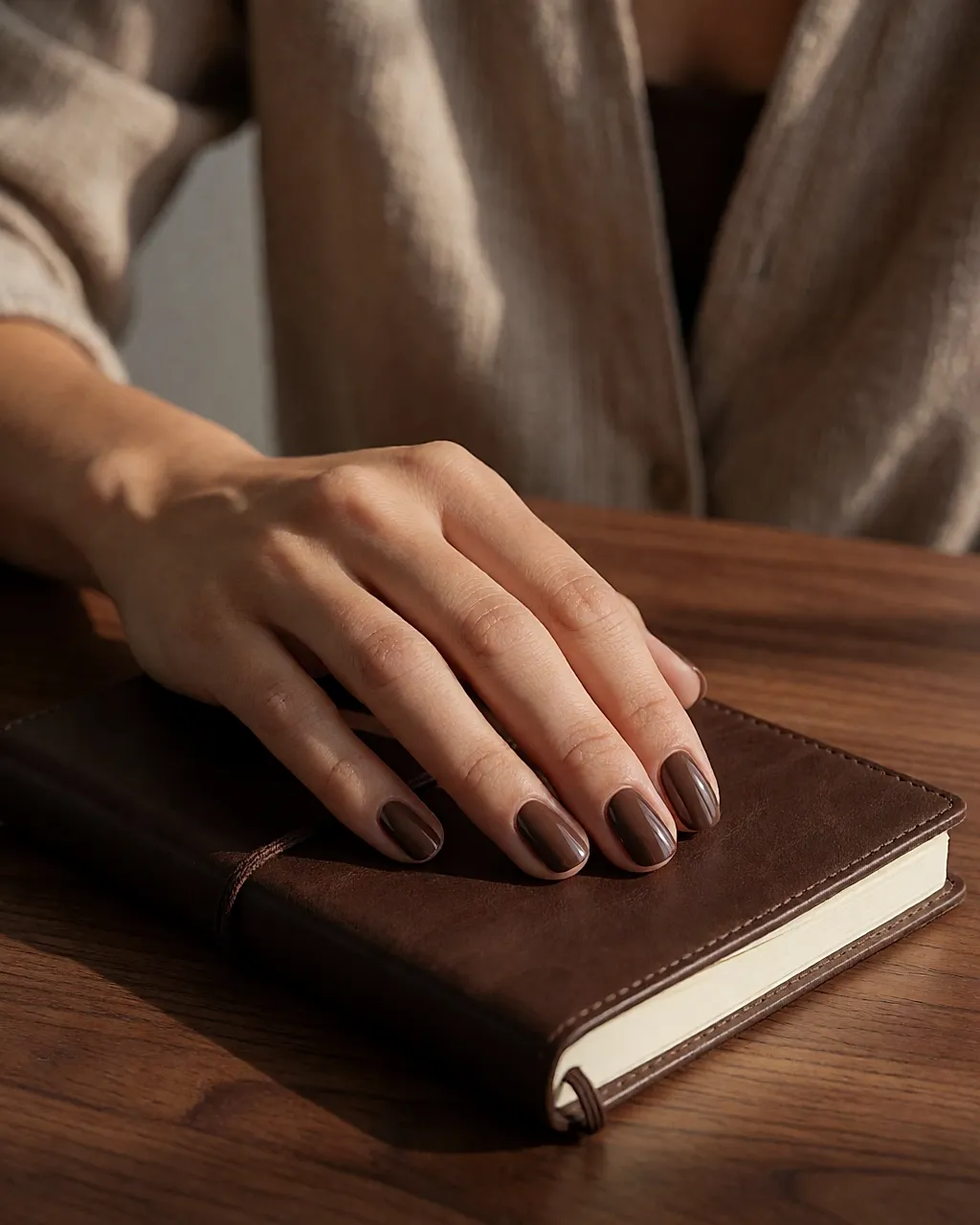Une main aux ongles brun profond posée sur un carnet de cuir marron en lumière chaude