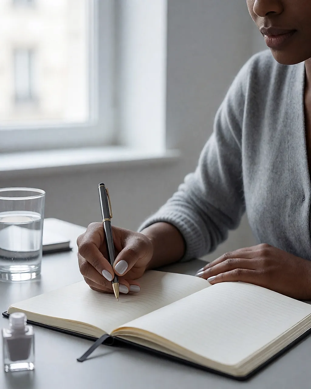 Une main aux ongles gris perle tient un stylo au-dessus d'un carnet ouvert