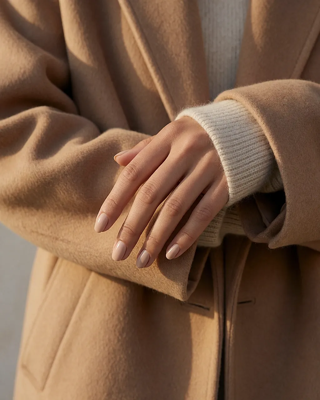 Una mano con uñas caramelo asoma por la manga de un abrigo camel