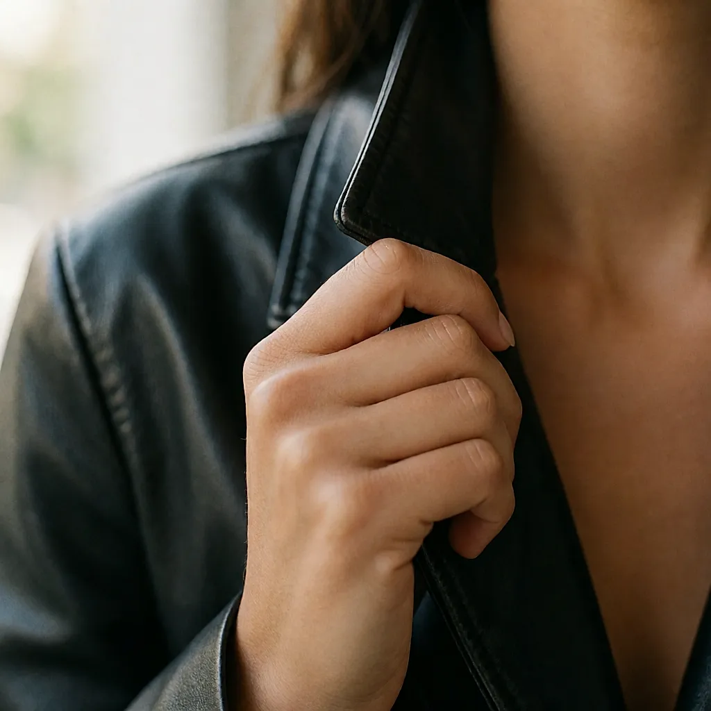 A hand pinching the collar of a leather jacket to check the suppleness of the leather