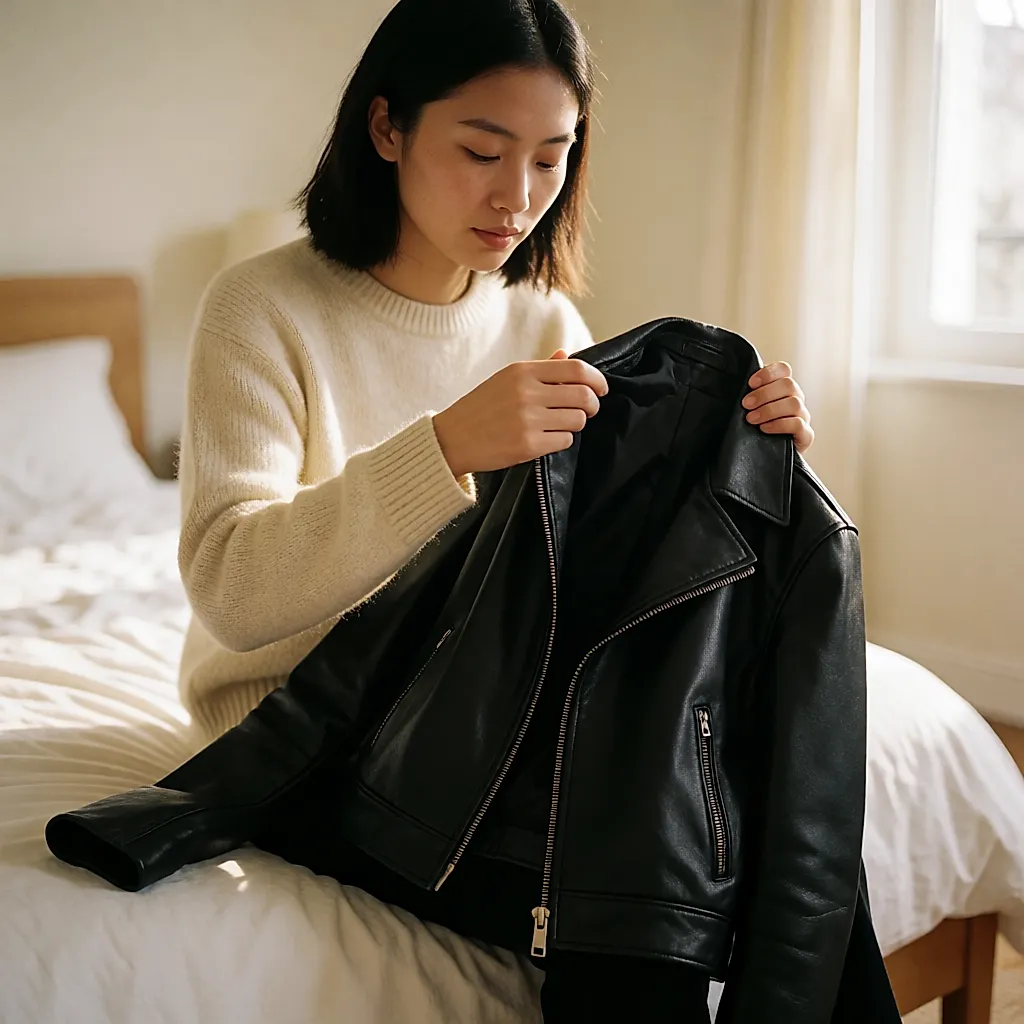 A woman opening a leather jacket to inspect the lining, zip and seams