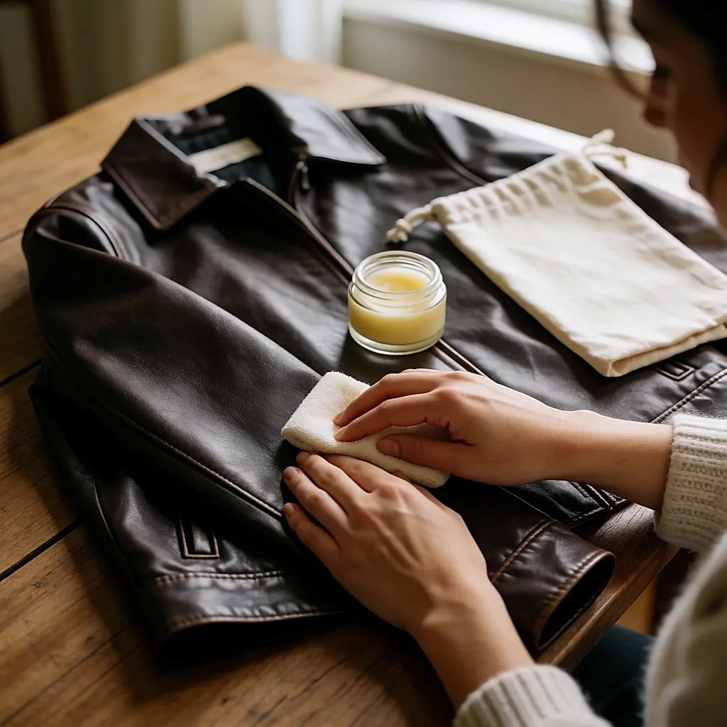 Hands applying a colourless balm with a cloth to the sleeve of a leather jacket