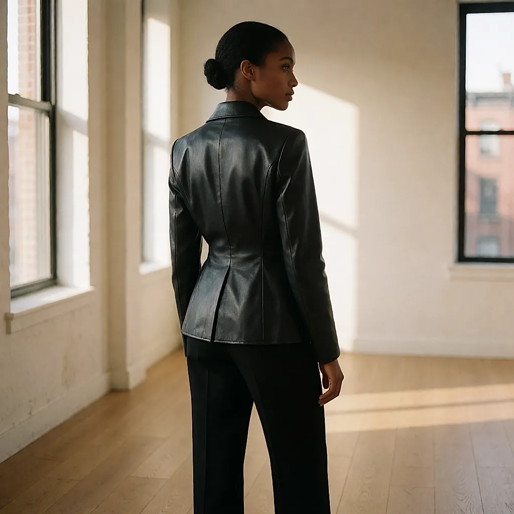 Veste en cuir noir à épaules structurées, vue de trois-quarts dos, portée sur un pantalon droit