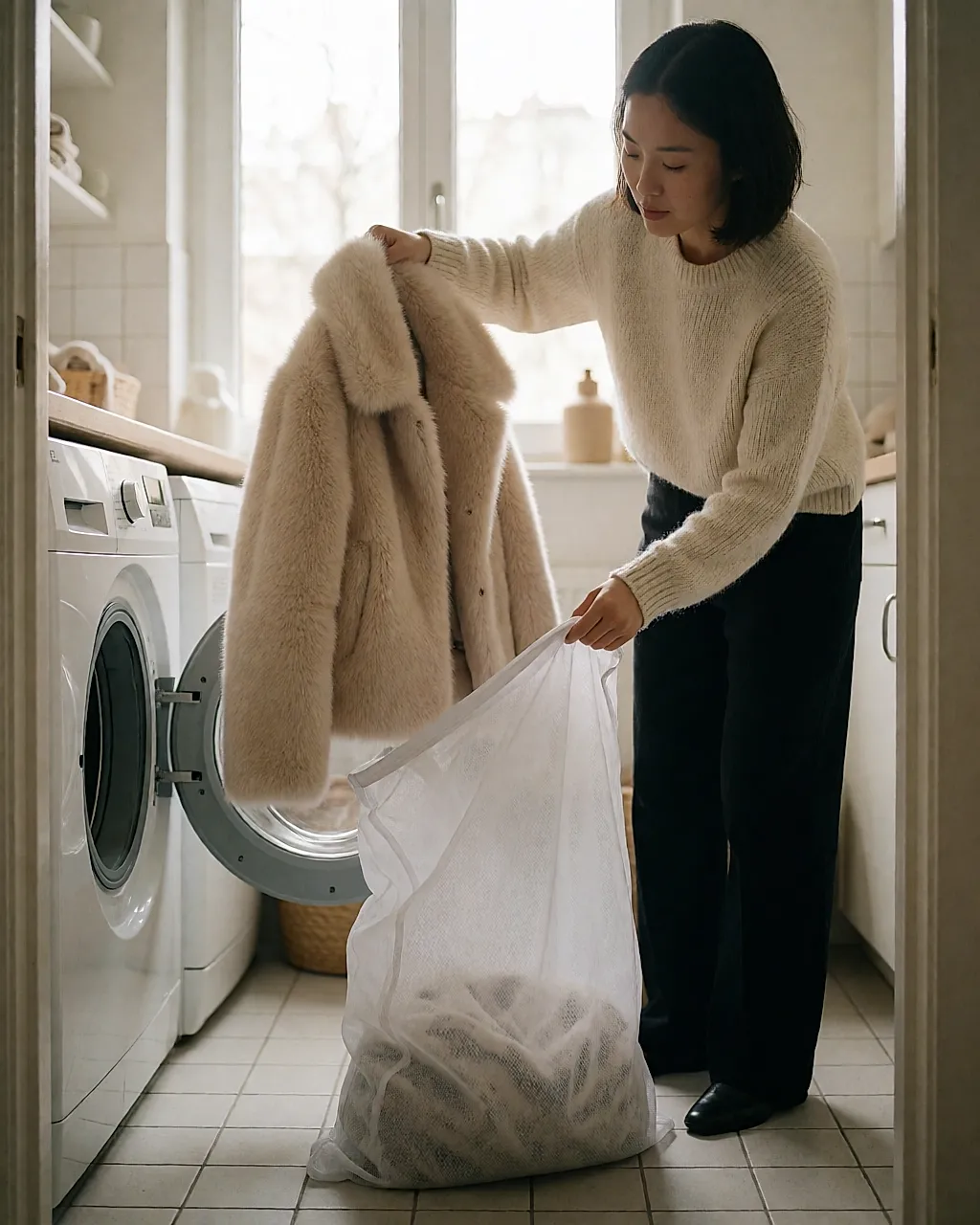 A faux-fur jacket placed in a filter bag before a cold wash
