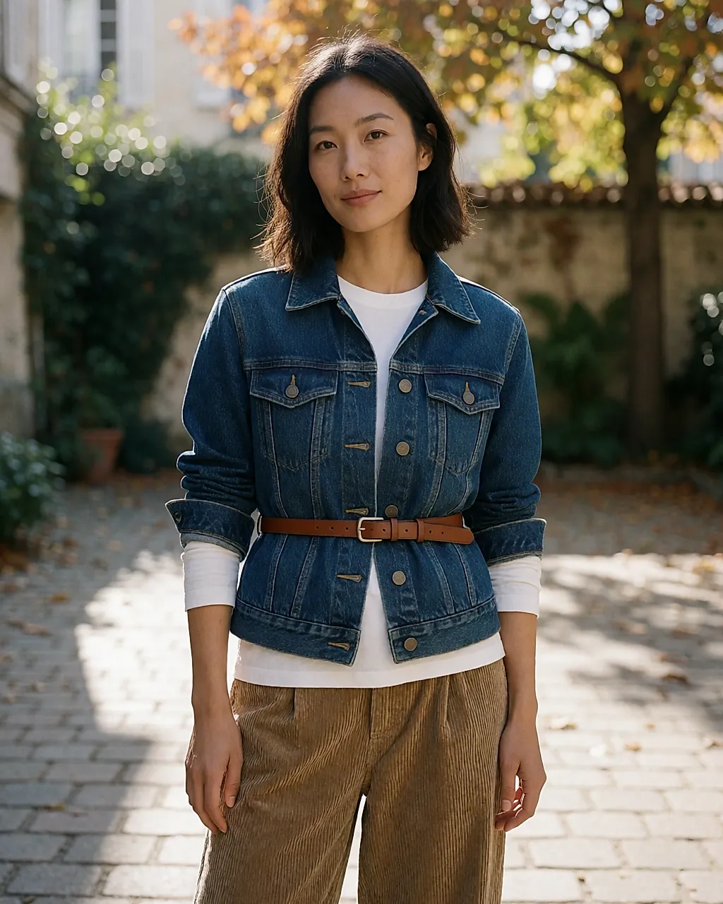 Short raw-denim jacket belted at the waist, worn in a cobbled courtyard