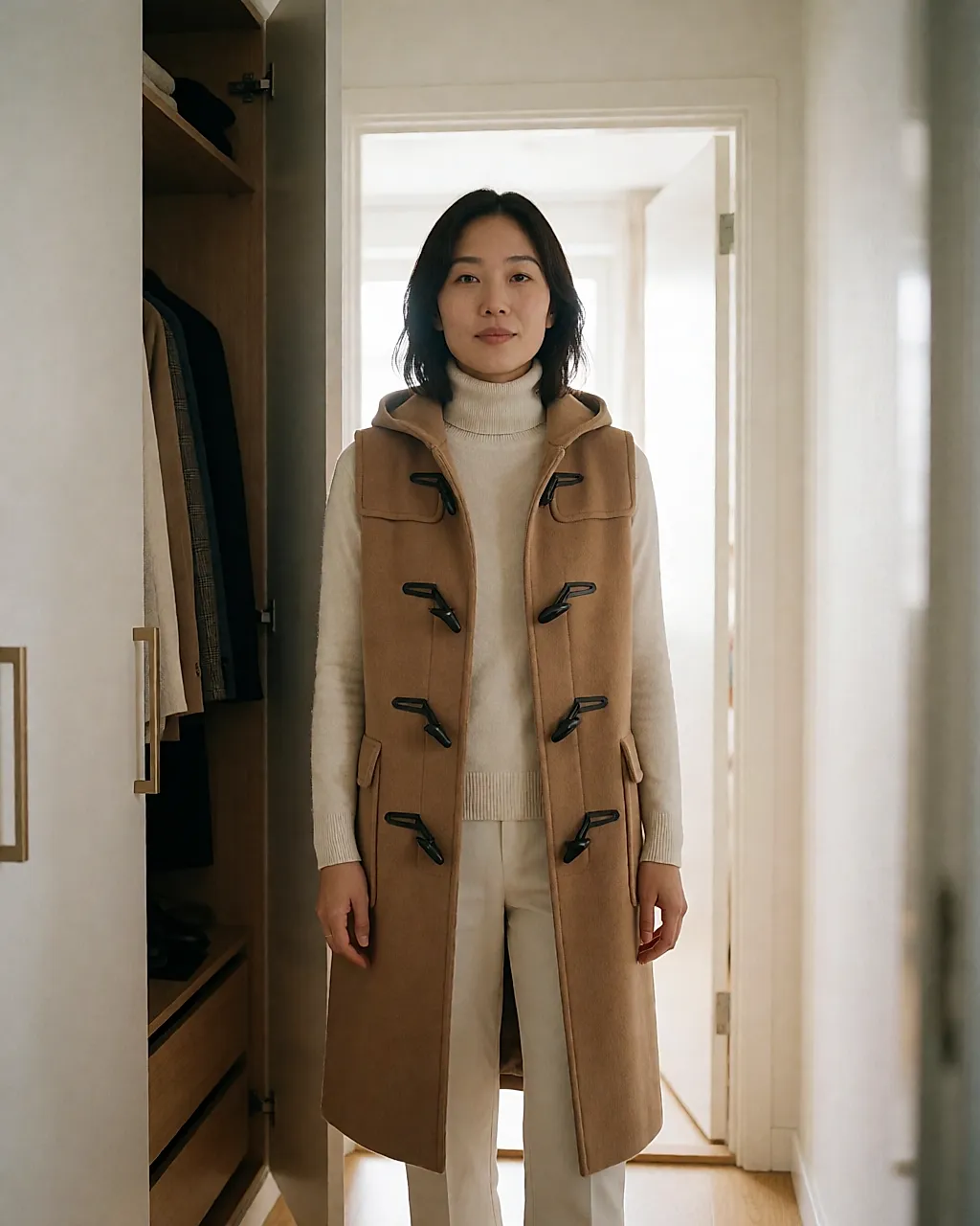 Camel sleeveless duffle coat with toggles worn over a cream roll-neck