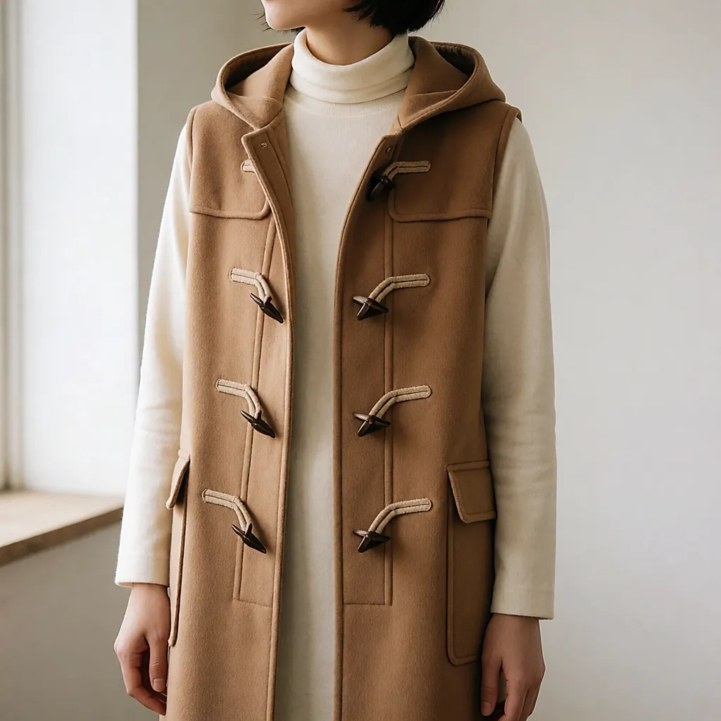 Ärmellose Dufflecoat-Weste in Camel mit Knebelverschlüssen über einem cremefarbenen Rollkragenpullover