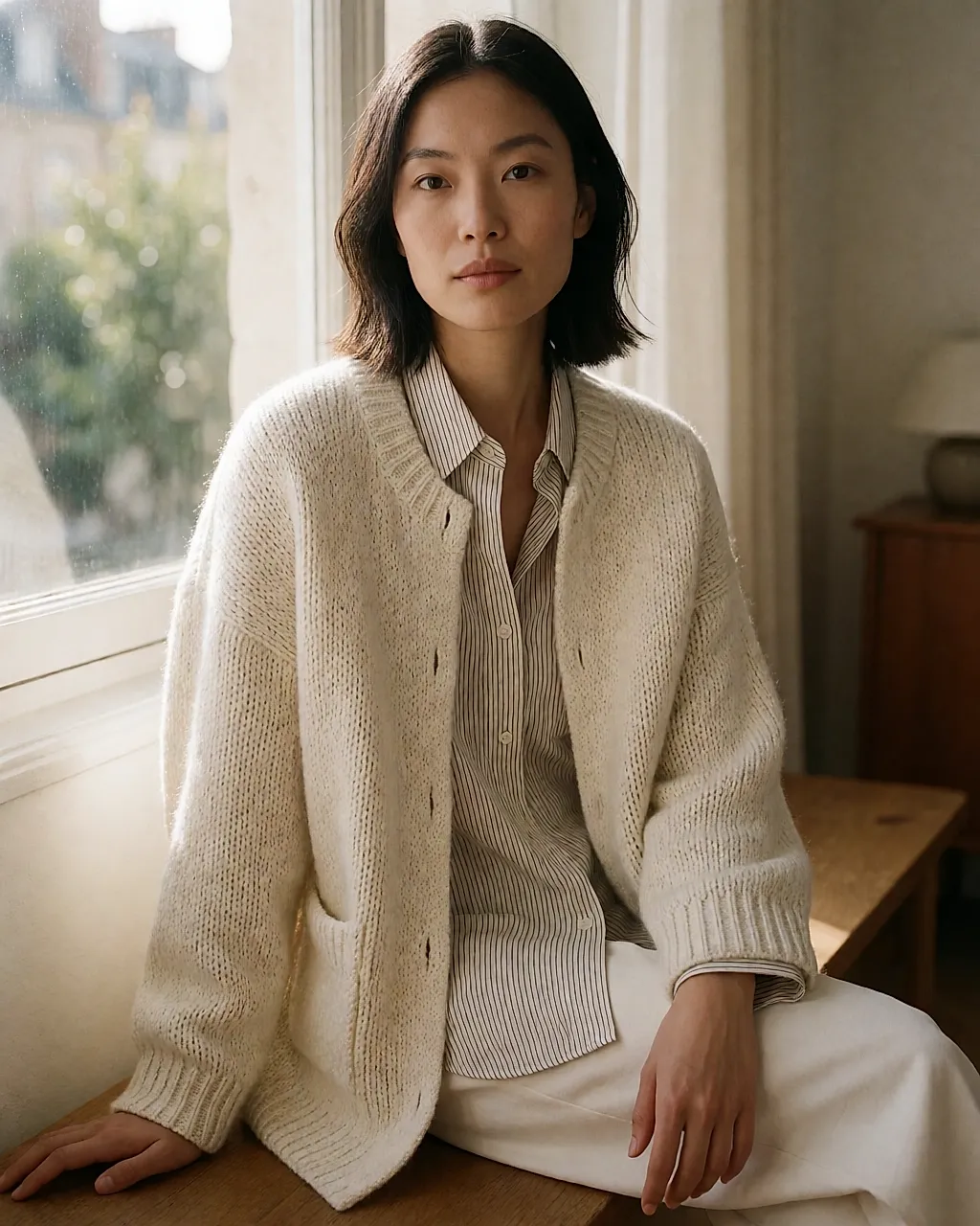 Ecru knitted jacket with ribbed edges worn open over a striped shirt