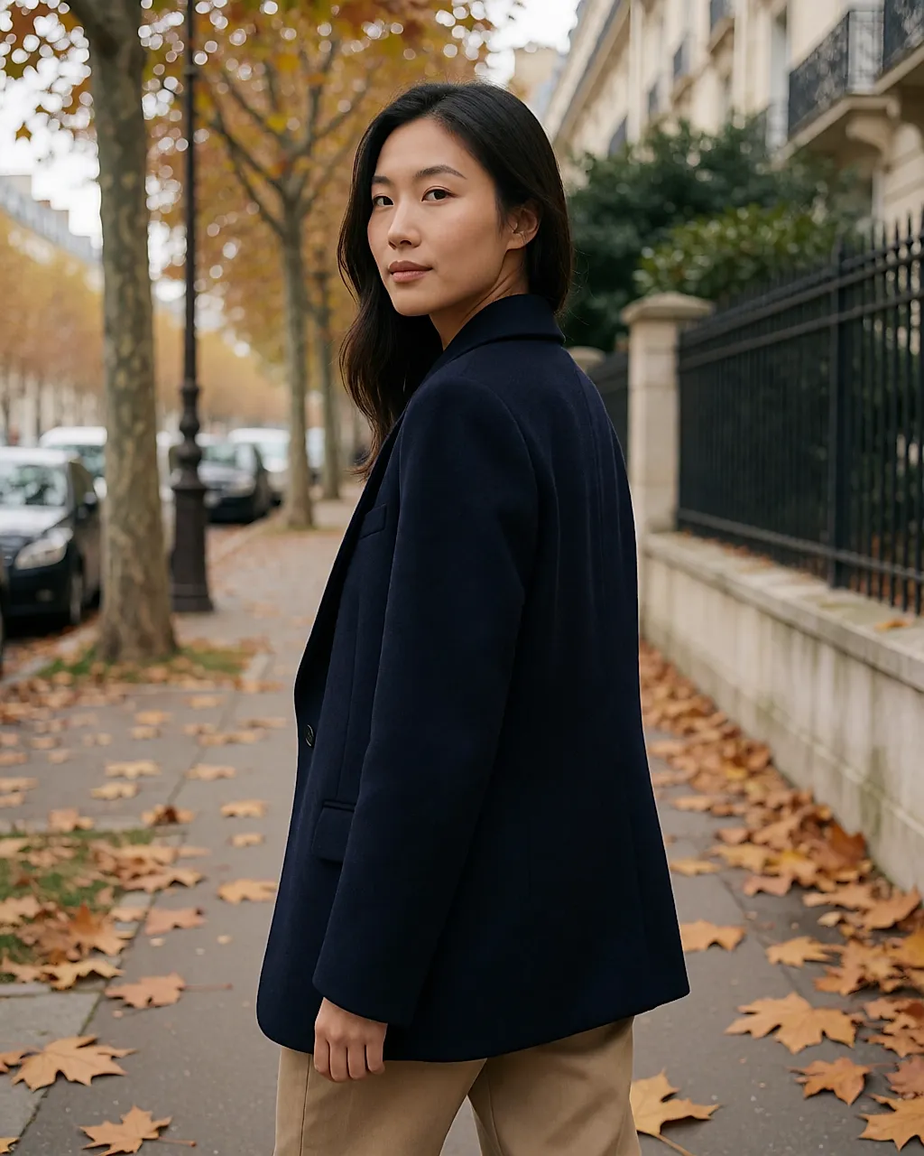 Navy short wool coat worn in the street, three-quarter back view