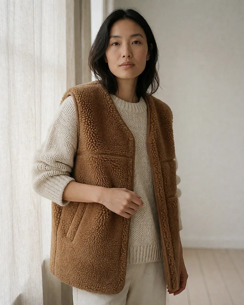 Caramel shearling sleeveless gilet worn over a chunky knit