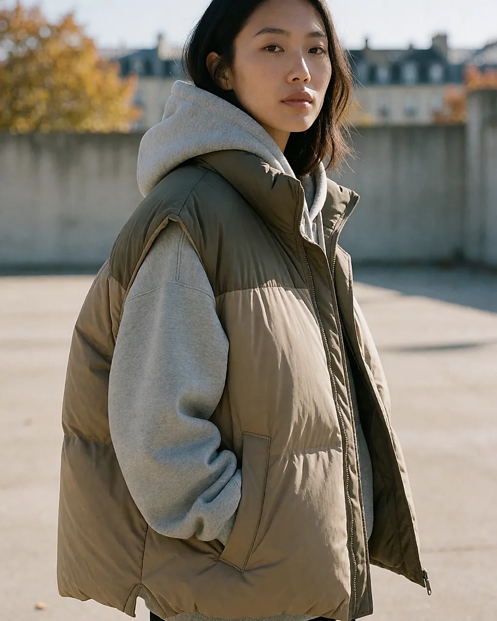 Matte nylon sports-style sleeveless jacket worn over a hoodie