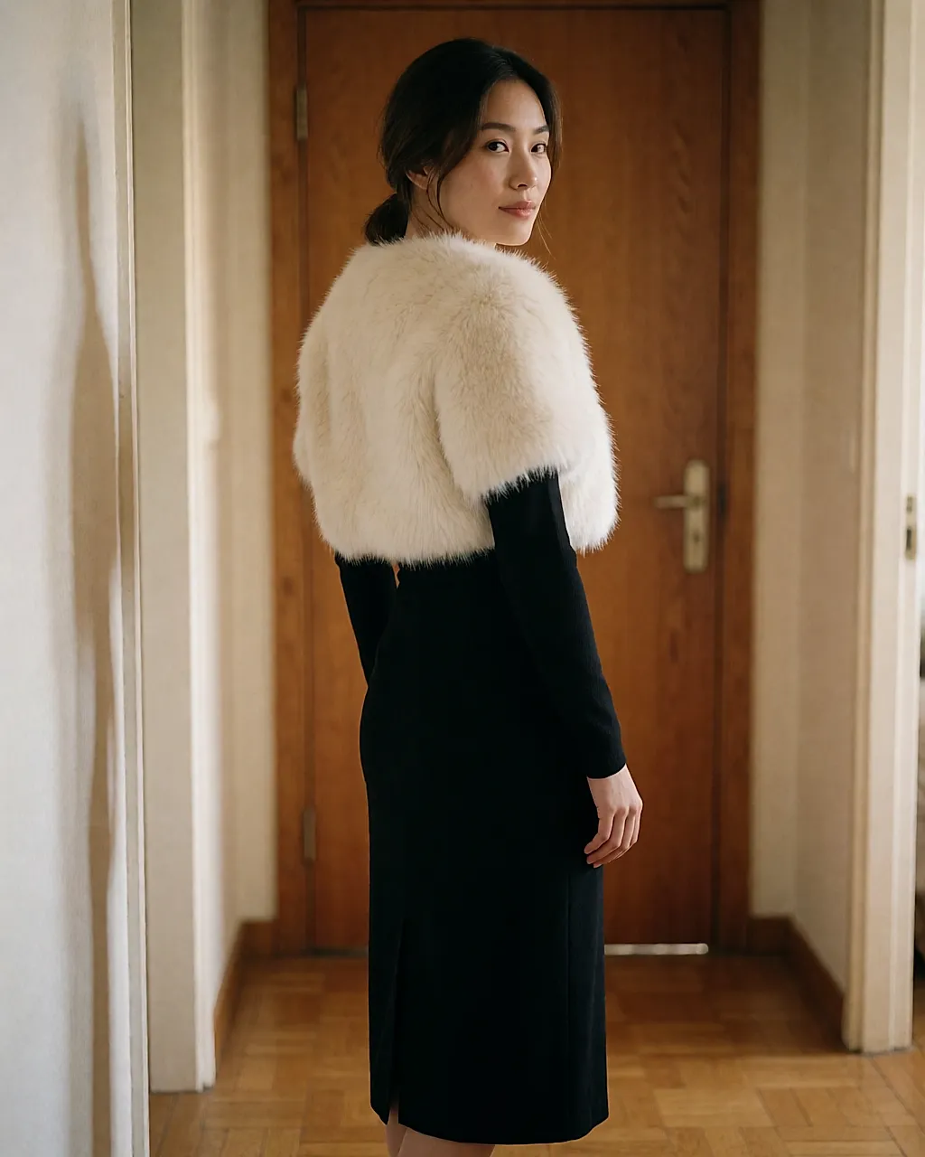Cream faux-fur bolero worn over a black dress, three-quarter back view