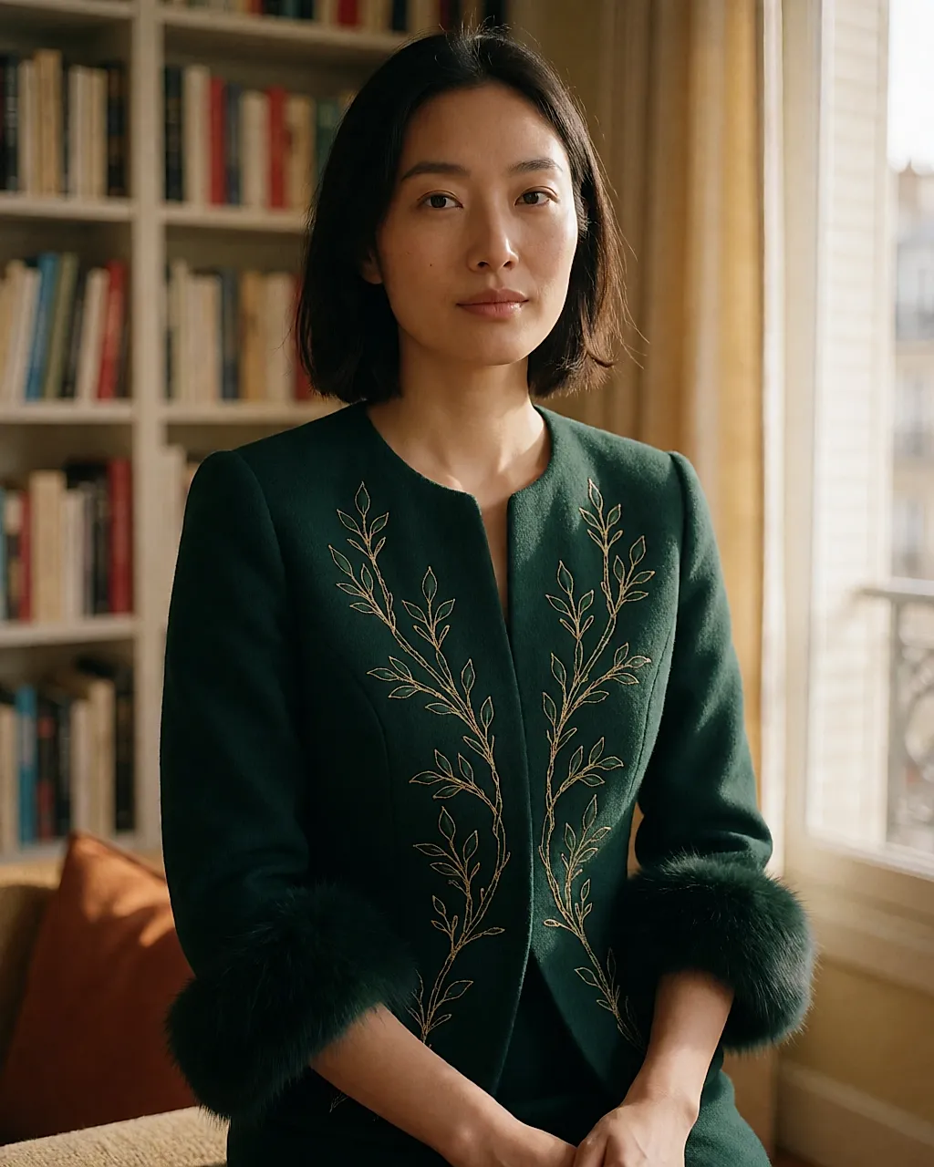 Green embroidered blazer with fluffy trim worn in a warm interior