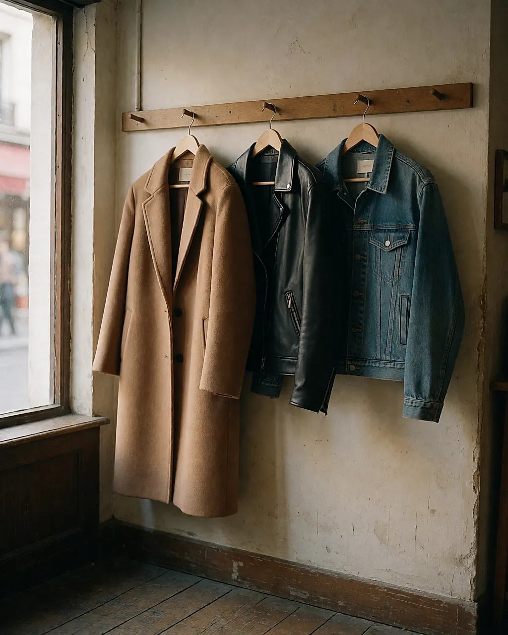 Three autumn jackets hanging on a wooden rail against a plaster wall