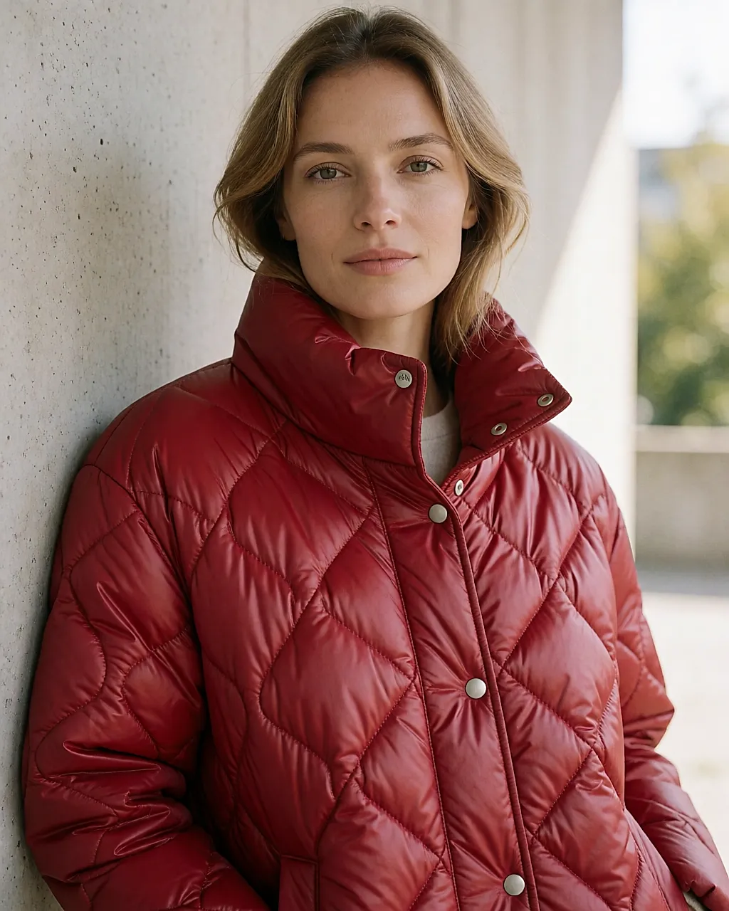 Eine Frau trägt eine rote Steppjacke mit Stehkragen und silbernen Details