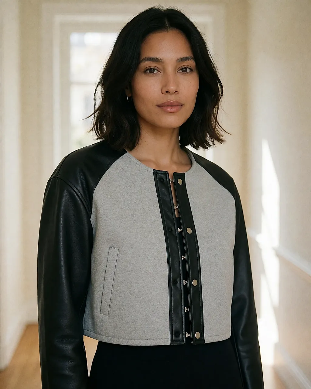Eine Frau trägt eine kurze Materialmix-Jacke mit Lederärmeln und Baumwoll-Oberteil