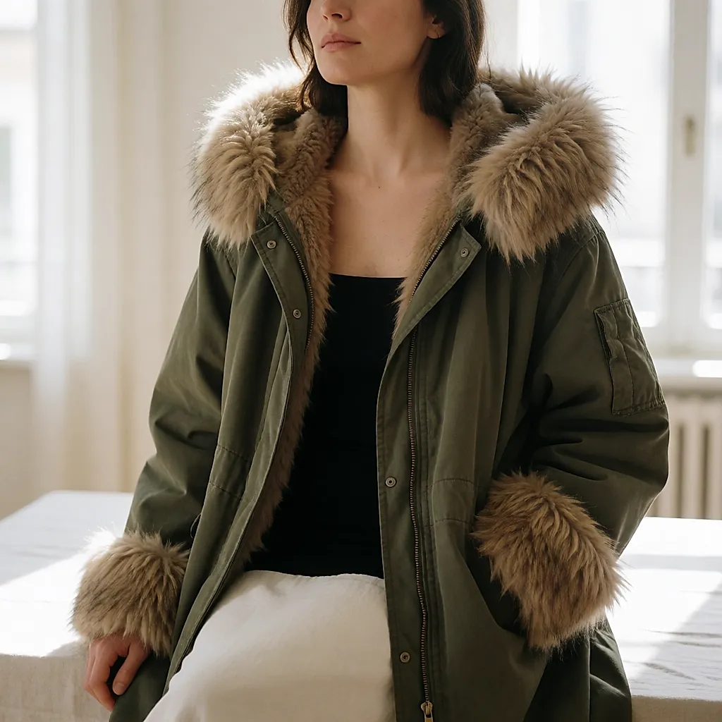 Eine Frau trägt eine Oversize-Parka mit kunstfellbesetzter Kapuze
