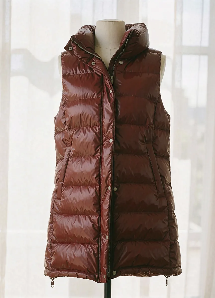 Rote Steppjacke mit Stehkragen und silbernen Details