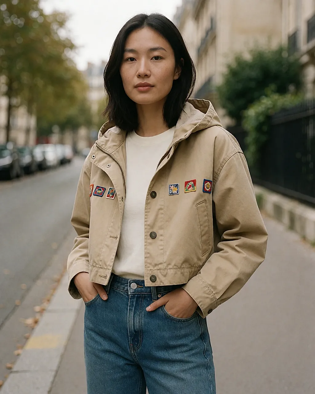 Swildens beige cotton short jacket with a hood and colourful embroidered panels, worn with raw denim