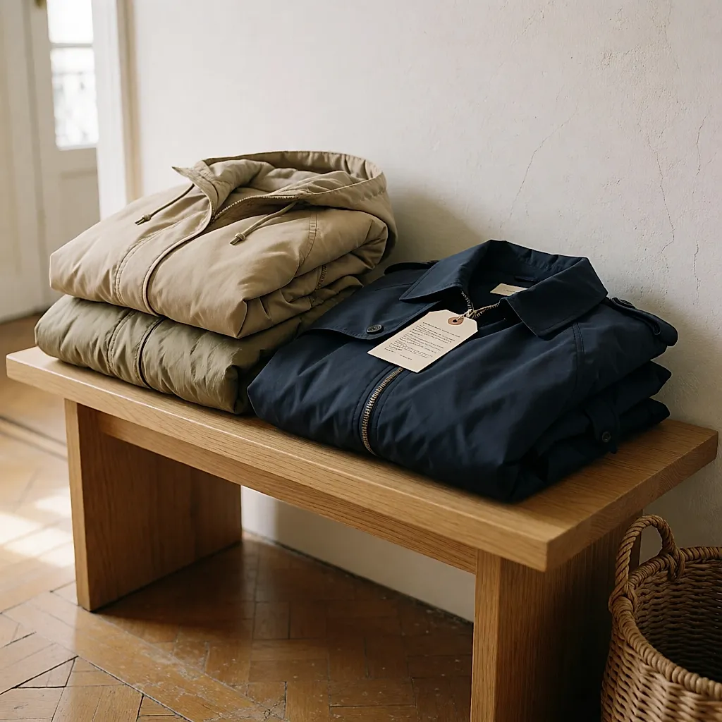 Three folded spring jackets with price tags on a bench
