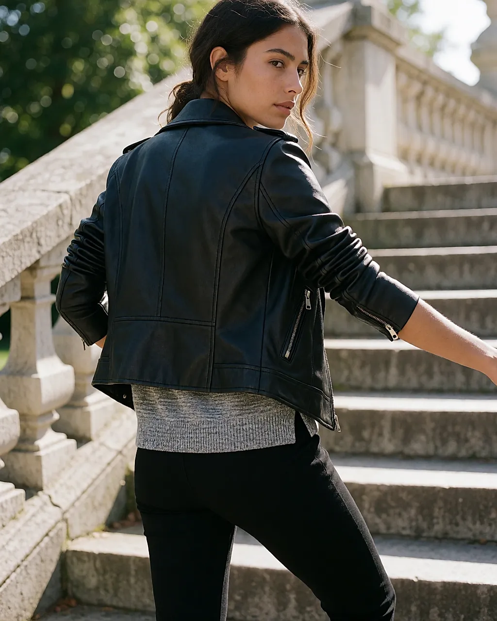 Bel Air black soft-leather biker jacket with a draped fall and two zipped pockets, worn over a grey jumper