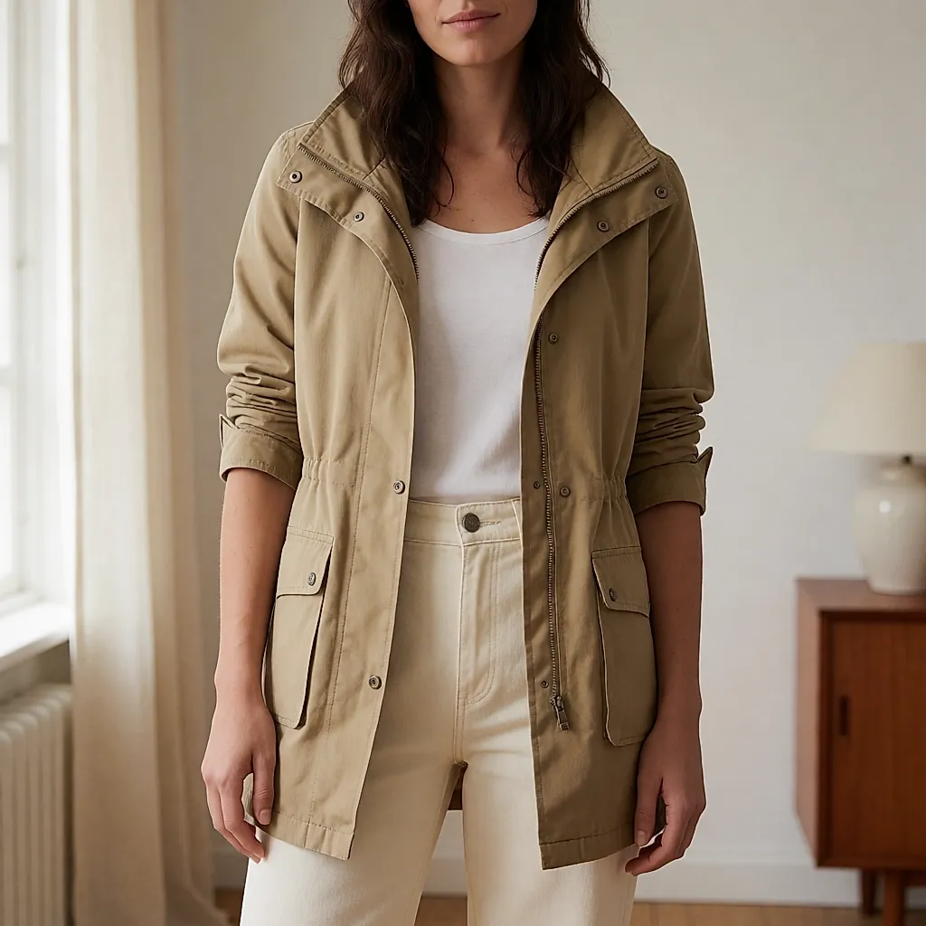 Pepe Jeans khaki short parka with pearls and multicoloured embroidery, worn with ecru trousers