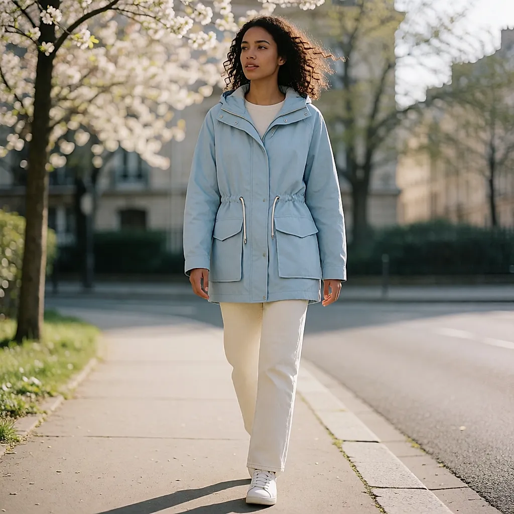 Light blue belted hooded parka worn with raw denim on a sunny pavement