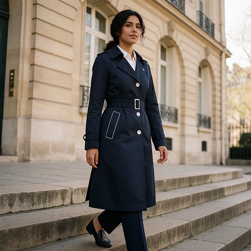 Fitted navy trench coat with white details, belted over matching trousers