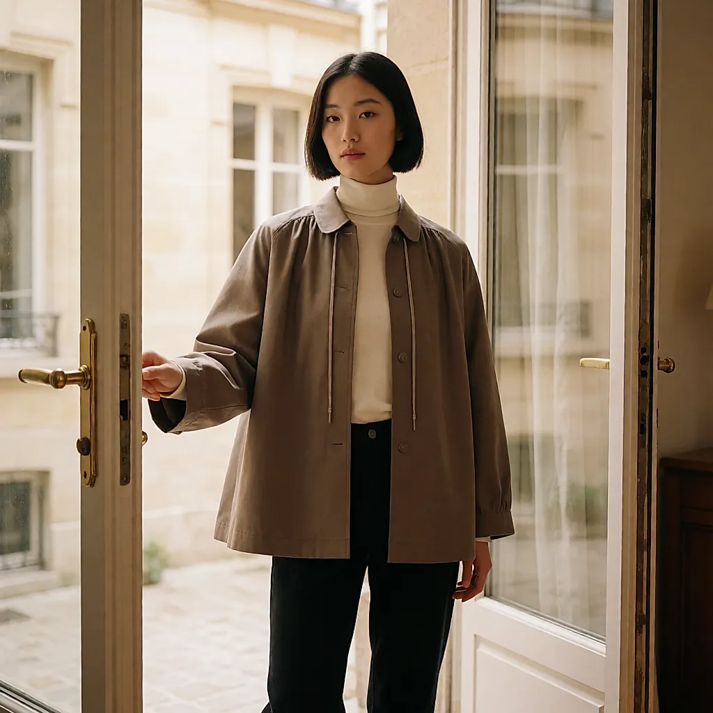 Flared taupe pea coat with a Peter Pan collar and ties, worn in a flat hallway