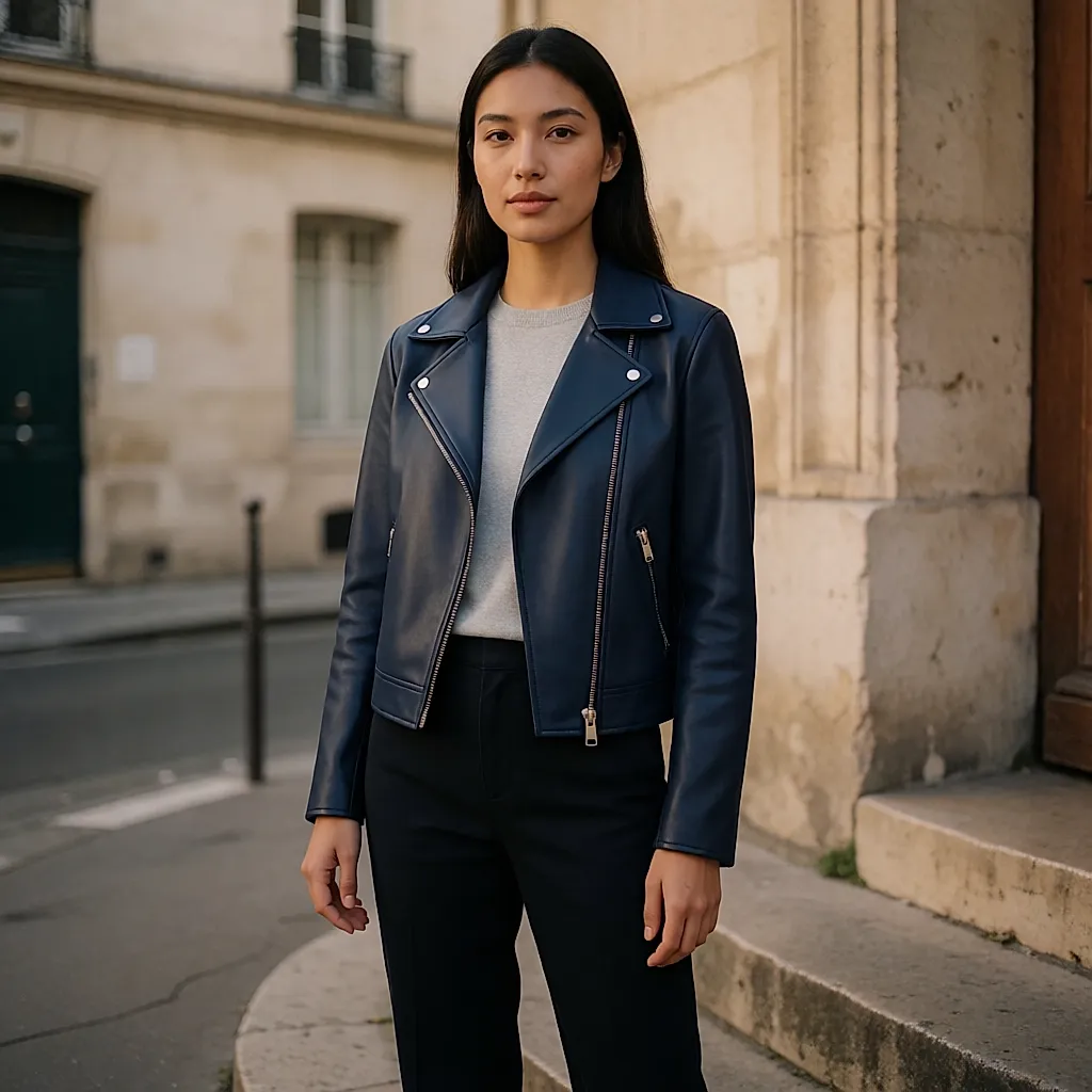 Navy leather biker jacket with an asymmetric zip and silver poppers, worn over a grey jumper and dark trousers