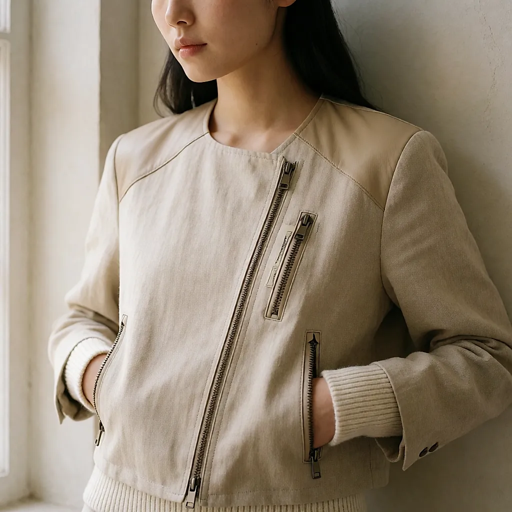 Short beige linen jacket with faux-leather shoulder panels and asymmetric zips, worn with hands in pockets