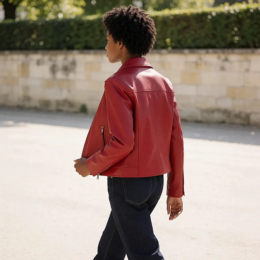 Red leather jacket with a straight cut seen from the back, worn with indigo jeans on a bright street