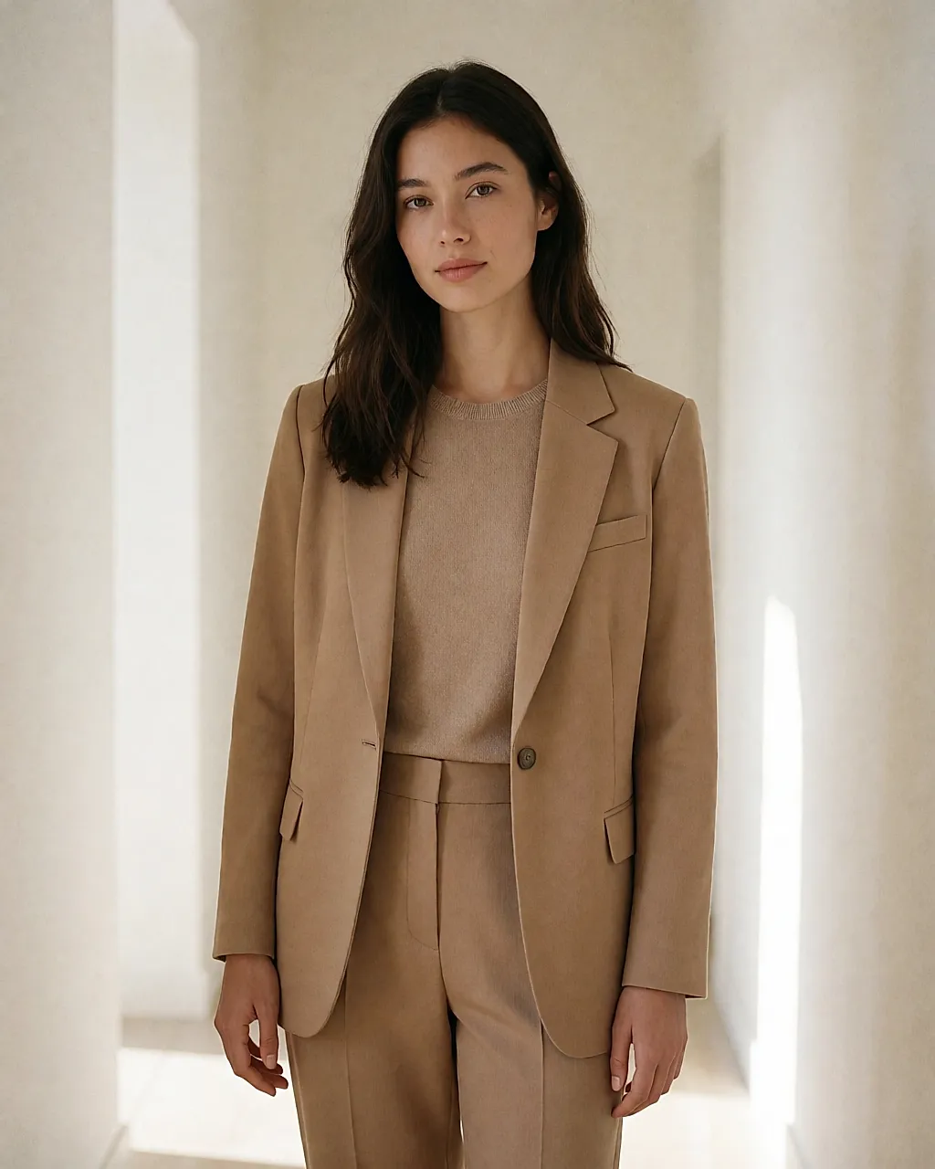 Una mujer con blazer camel y pantalón a juego, silueta sobria y bien cortada