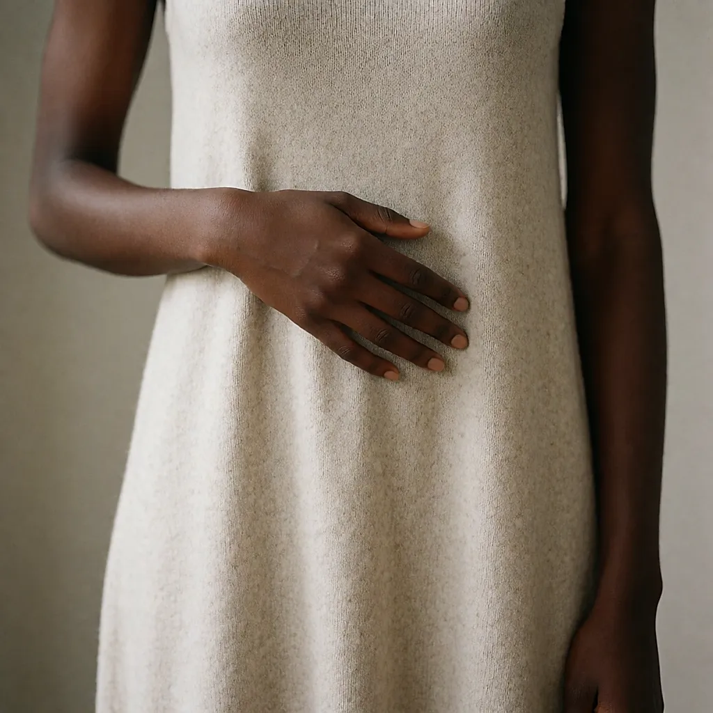 Détail porté : une main lisse le tombé d'une robe en maille beige sur la hanche