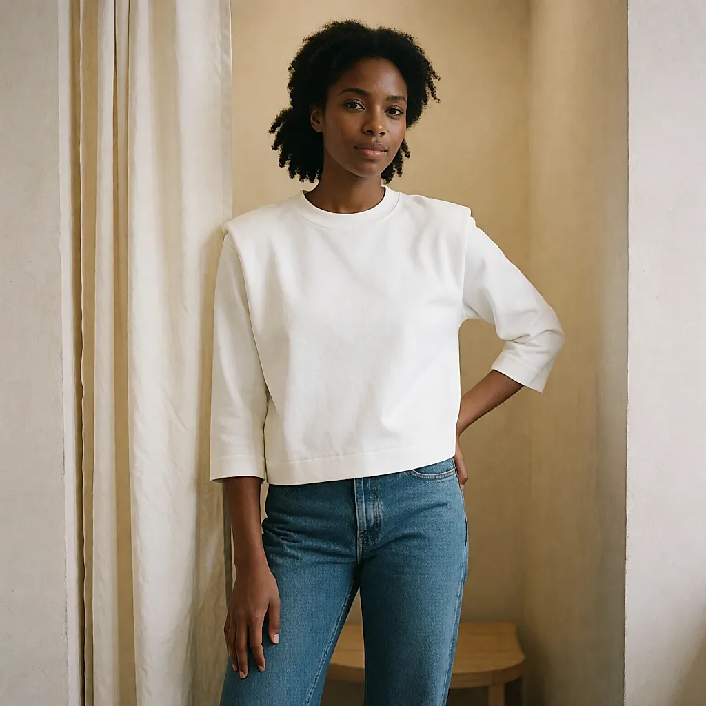 Une femme en top uni de coton épais blanc et jean droit, debout en cabine d'essayage