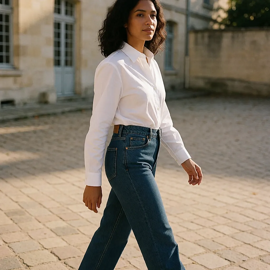 Une femme en jean droit brut taille haute et chemise blanche, marchant dans une cour pavée