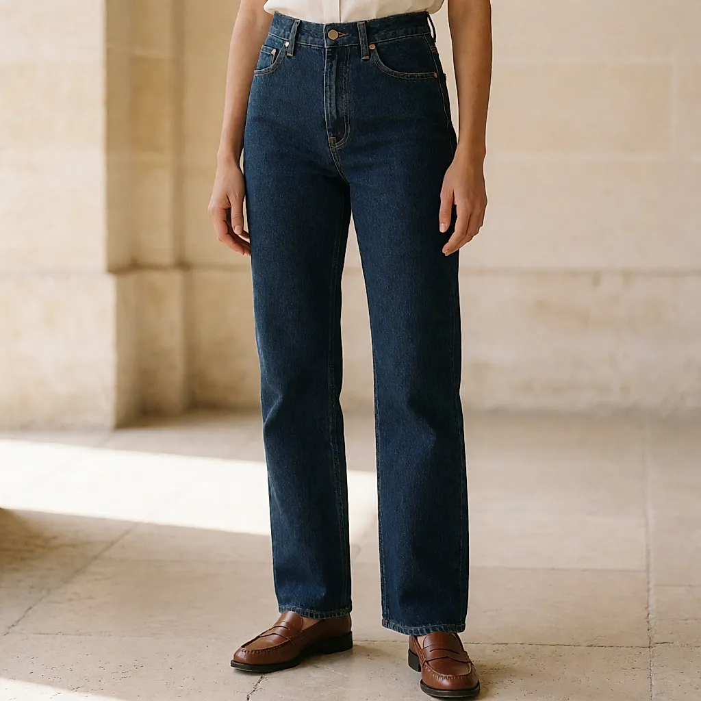 Détail d'un jean droit brut taille haute porté, ourlet net sur des mocassins en cuir